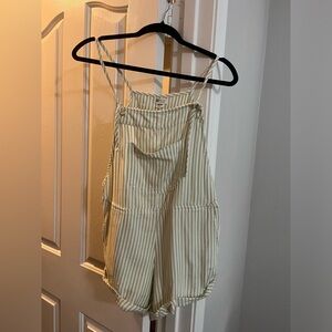 Striped Cotton Overall Romper - Cream & Sage Green